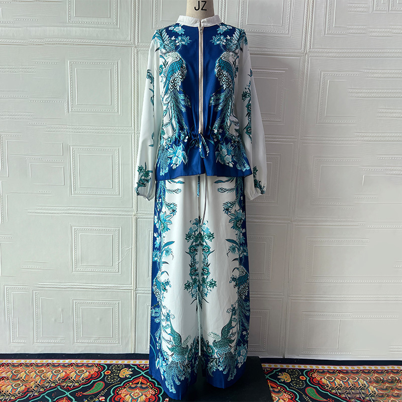 Three dimensional Printed Flowers Baseball Uniform Drawstring Trousers Two piece Set Blue - Shop at LoveMi