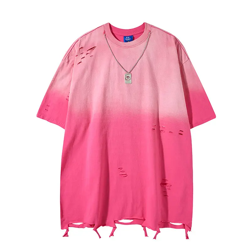 Ombre Distressed Washed Ripped Short-sleeve T-shirt