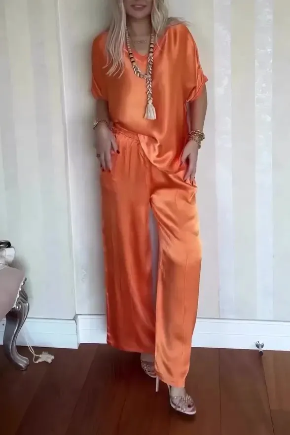 Women's Comfortable V neck Satin Short sleeved Two piece Suit Orange - Shop at LoveMi