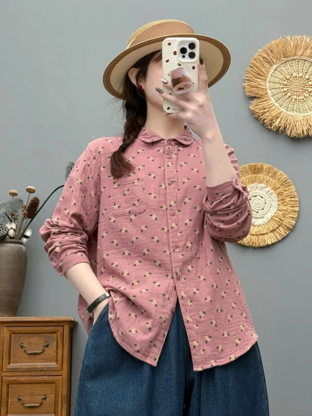 Retro Floral Cotton And Linen Blouse For Women Pink - Shop at LoveMi