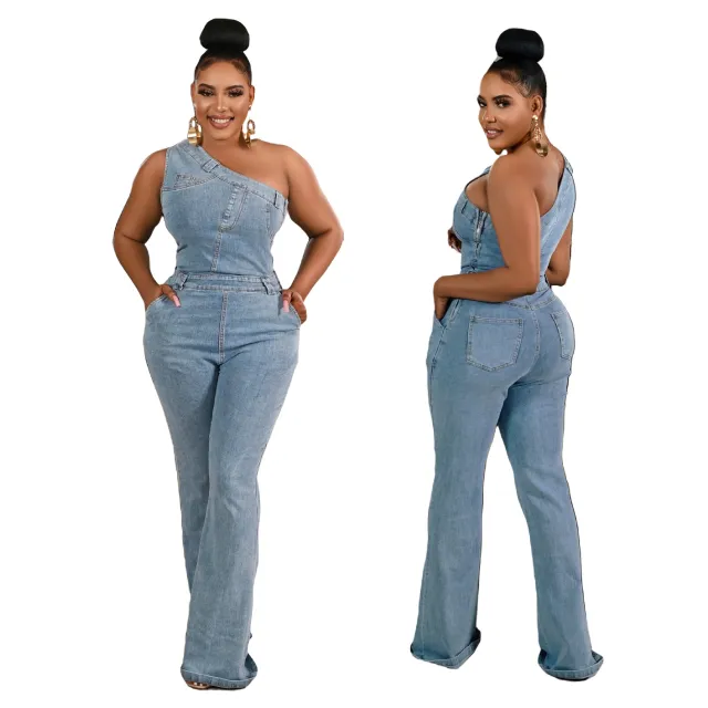 Slant Shoulder Tight Waist Slim Elastic Wash Denim Jumpsuit Light Blue - Shop at LoveMi