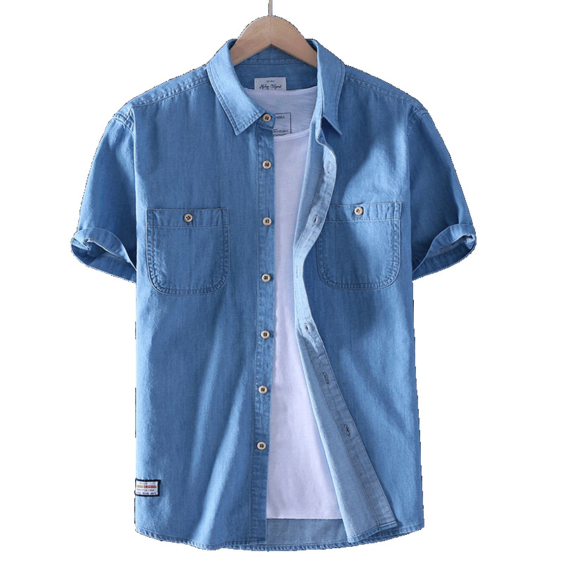 Summer Men's Washed Cotton Casual Shirt Thin Shirt Solid Color Short Sleeve Denim Cotton Trendy Shirt