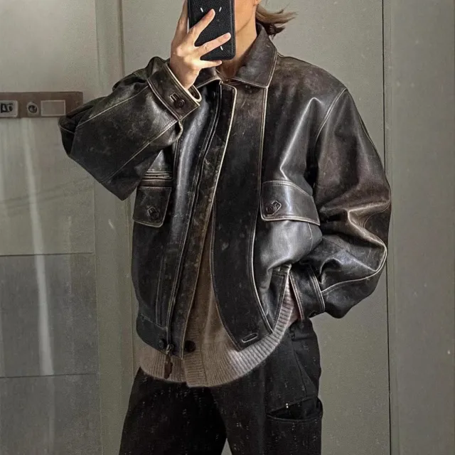 Jacket Coat Retro Washed Brushed Brown Distressed Brown Distressed Leather Coat - Shop at LoveMi