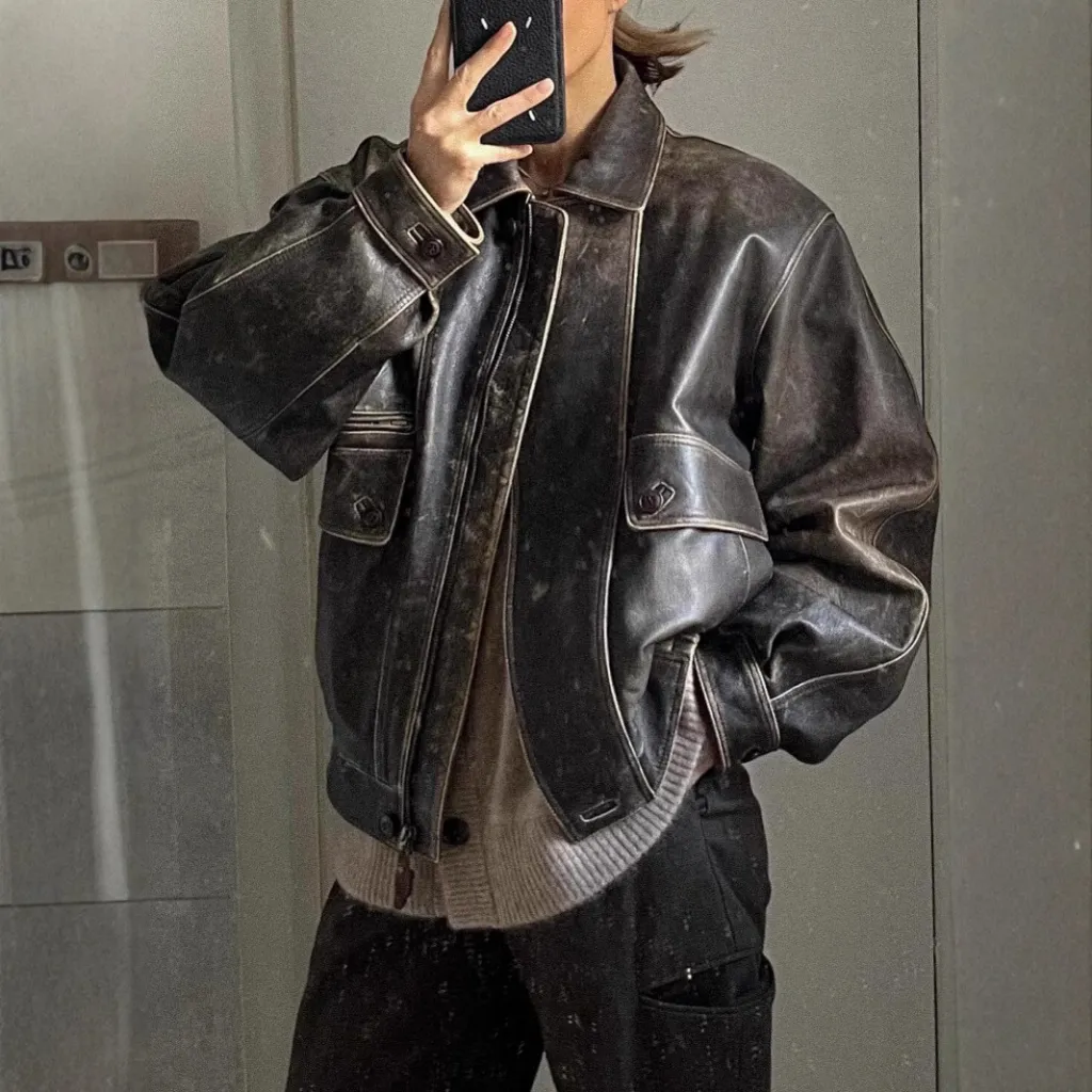 Jacket Coat Retro Washed Brushed Brown Distressed - Brown Distressed Leather Coat