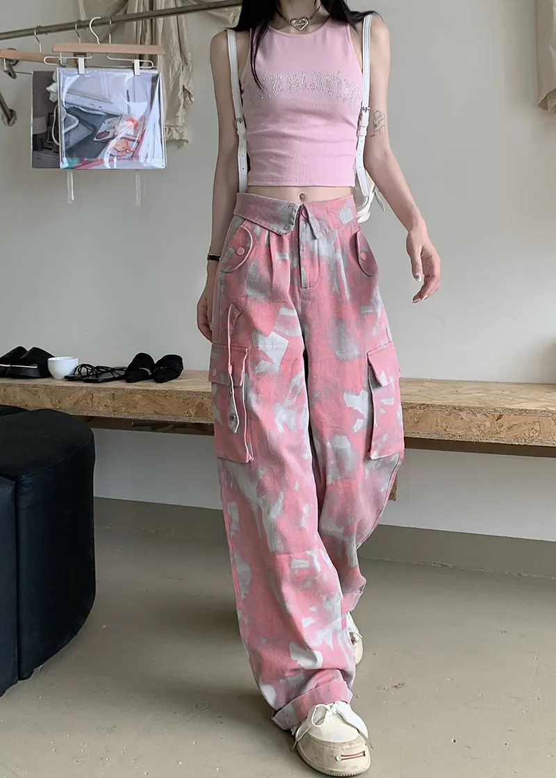 Camouflage Workwear Straight Jeans Loose Casual Retro Wide Leg Pants - Pink