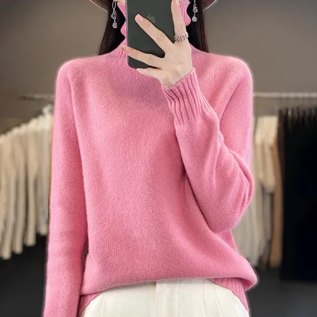 Women's Solid Color Turtleneck Knitting Pullover Long Sleeve Loose Sweater Pink - Shop at LoveMi