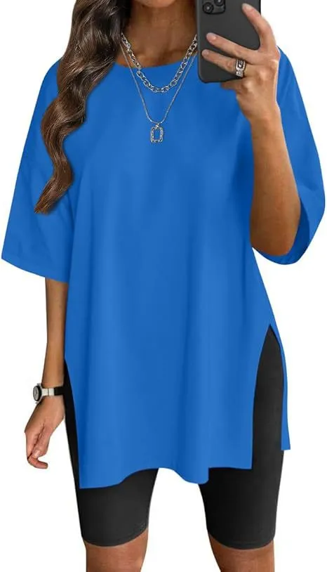 Women's Solid Color Split Short sleeved T shirt Round Neck Loose Top Blue - Shop at LoveMi