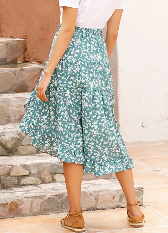 Summer New Pleated Ruffled Skirt Casual Floral Split Skirt Green - Shop at LoveMi