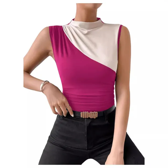 Sleeveless Slim Top Women's Half Turtleneck Rose Red With Ivory White - Shop at LoveMi