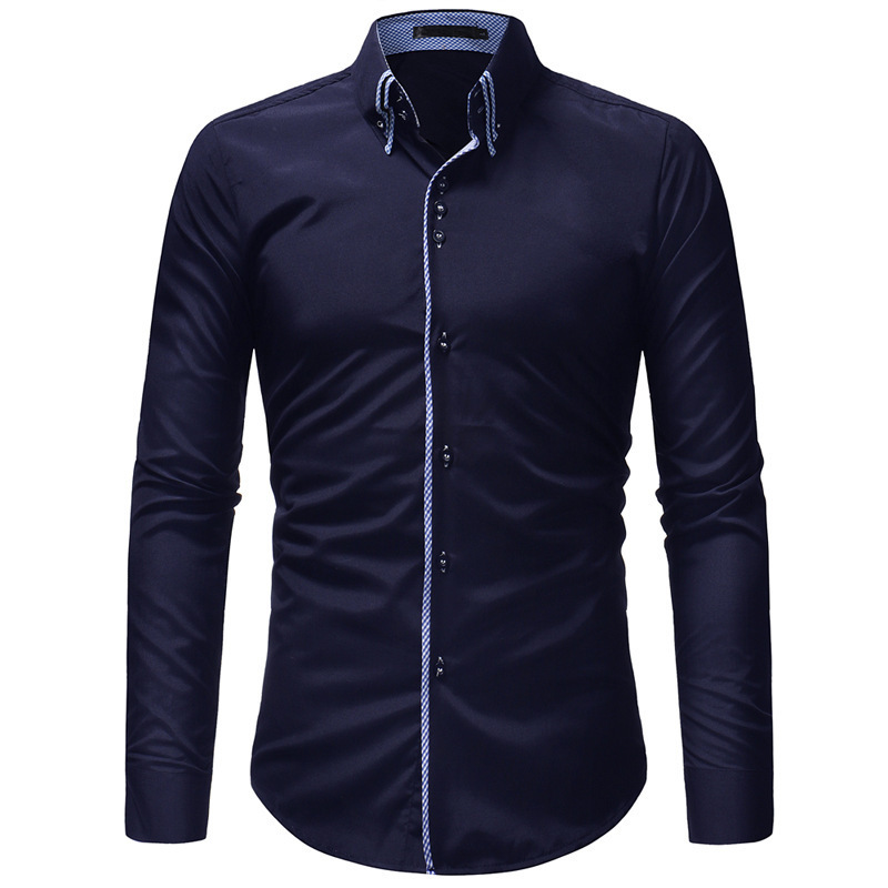 New Double-layer Collar Access Control Edge Men's Casual Slim-fit Assorted Colors Long-sleeved Shirt