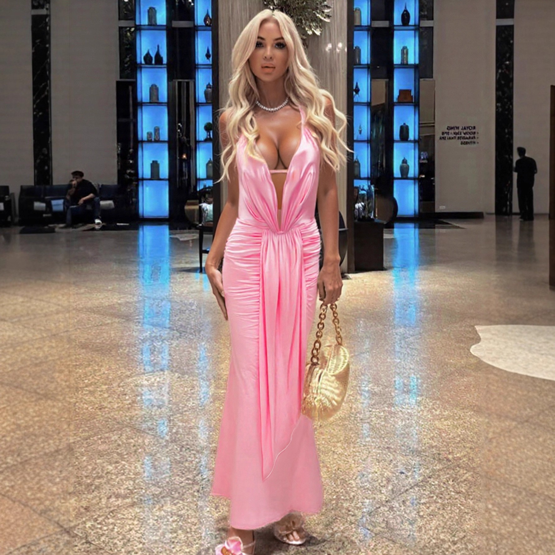 Halterneck Arrival Backless Lace Up Design Elegant Mermaid Evening Gown Long Dress Pink - Shop at LoveMi