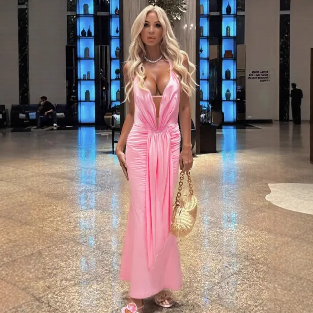 Halterneck Arrival Backless Lace Up Design Elegant Mermaid Evening Gown Long Dress Pink - Shop at LoveMi