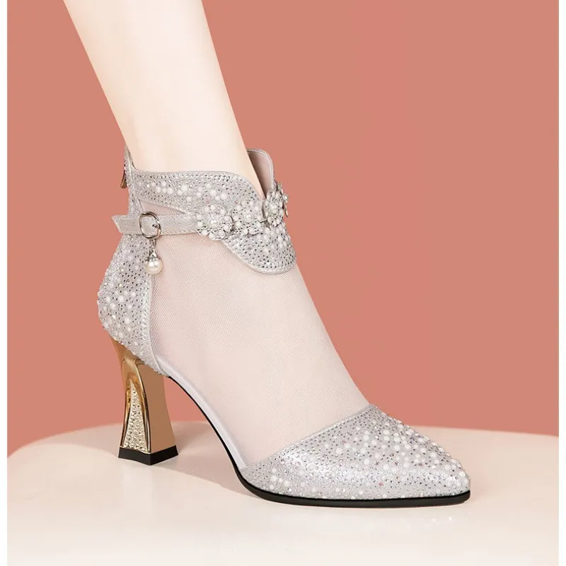 Mid Heel Chunky Heel Back Zipper Women's Shoes - Silver