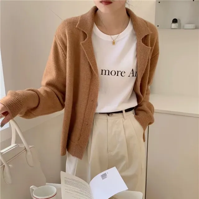 Lapel Width Long Sleeve Sweater Coat Top Coffee - Shop at LoveMi