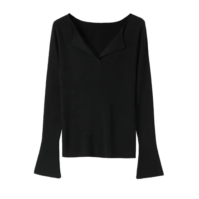 Lapel Knitwear Silk Wool Plush Machine Washable Base All matching Sweater Obsidian Black - Shop at LoveMi