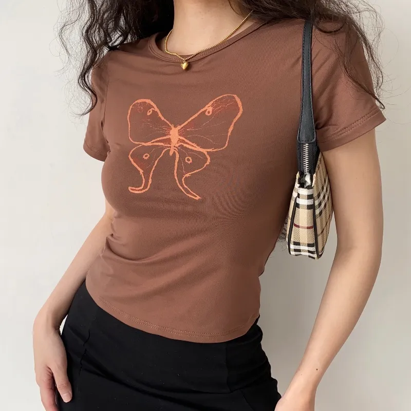 American Retro Butterfly Print Brown Short Sleeves T-shirt Women's Summer Slim Fit - Brown