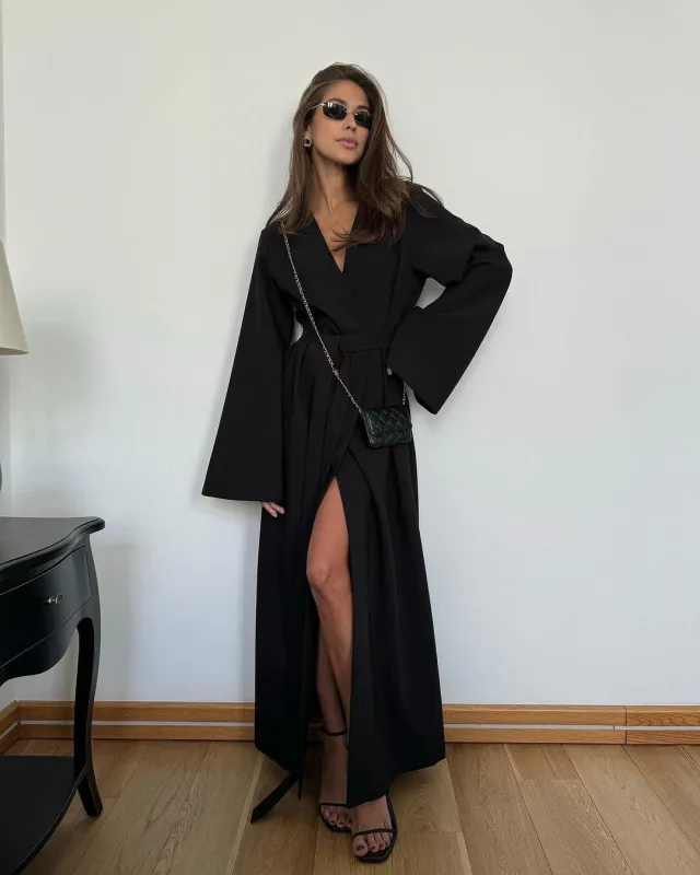 Long Slit Long Sleeve Lace up Dress Black - Shop at LoveMi