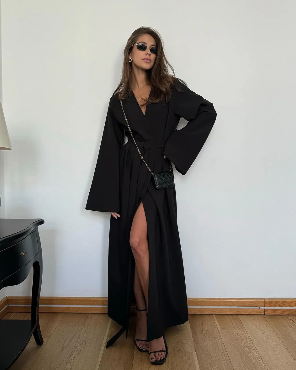 Long Slit Long Sleeve Lace-up Dress - Black