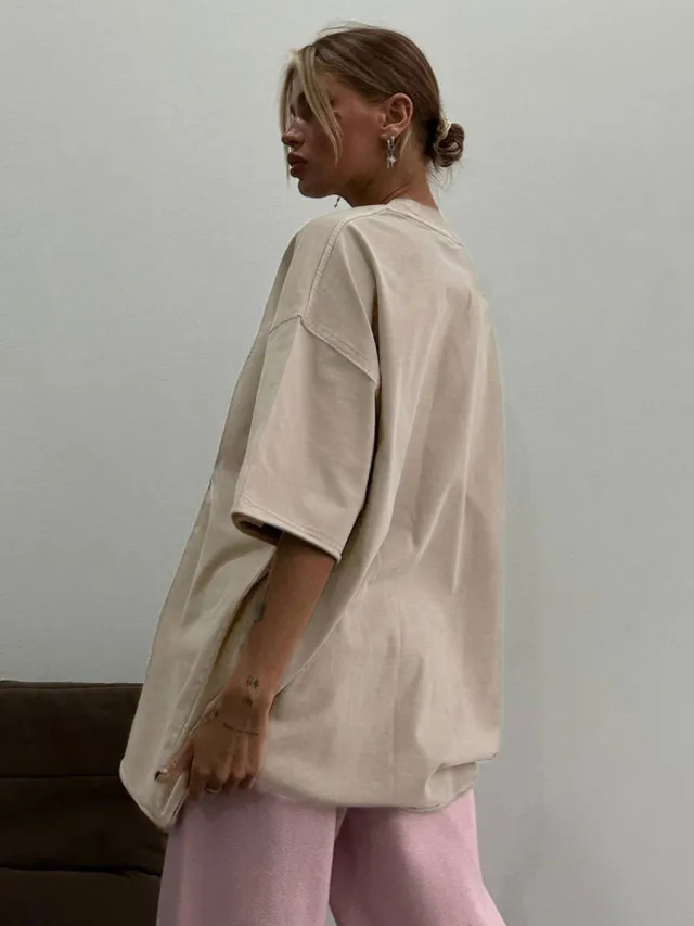 Washed Old Short sleeved T shirt European And American Relaxed Casual Round Neck Apricot - Shop at LoveMi