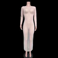 Fashion Bead Rhinestone Blouse Mesh Long Sleeve Dress - Flesh Color - View 1