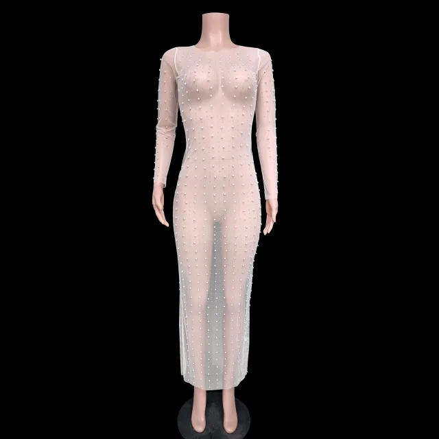 Fashion Bead Rhinestone Blouse Mesh Long Sleeve Dress Flesh Color - Shop at LoveMi
