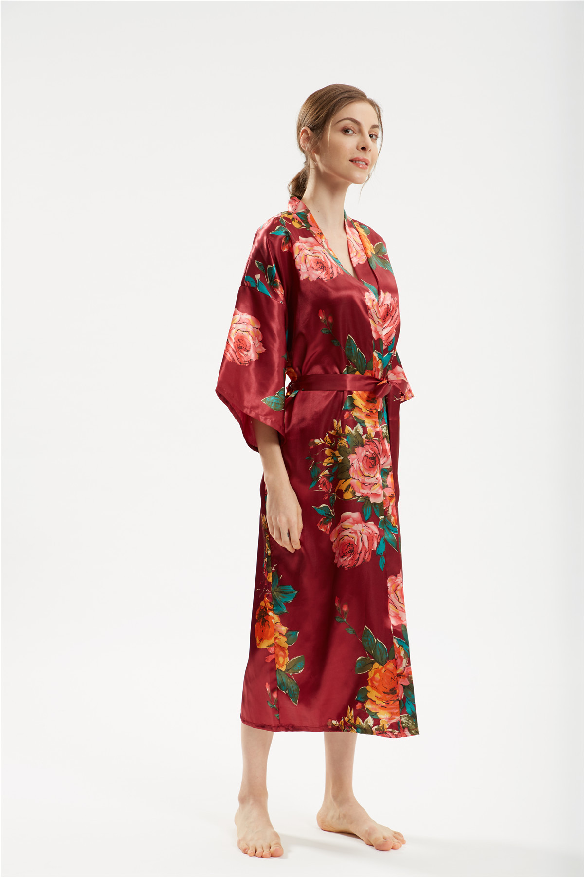 Title 15, Satin handbemalter Pfingstrose langer Kimono Yu...