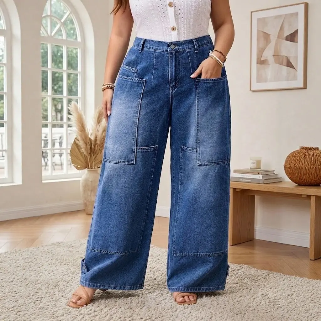 Womens Fashion Plus-Size Retro Washed Loose-Fit Jeans