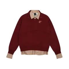 American High Street Embroidery Plaid Stitching Fake Two Pieces Brushed Hoody - Wine Red - View 1