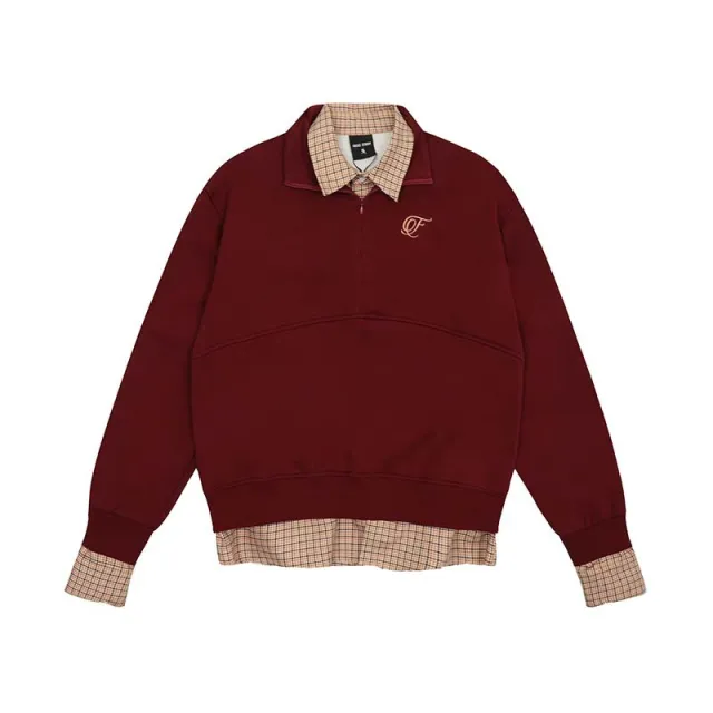 American High Street Embroidery Plaid Stitching Fake Two Pieces Brushed Hoody Wine Red - Shop at LoveMi
