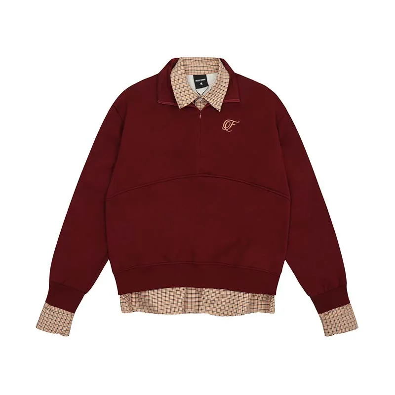 American High Street Embroidery Plaid Stitching Fake Two Pieces Brushed Hoody - Wine Red
