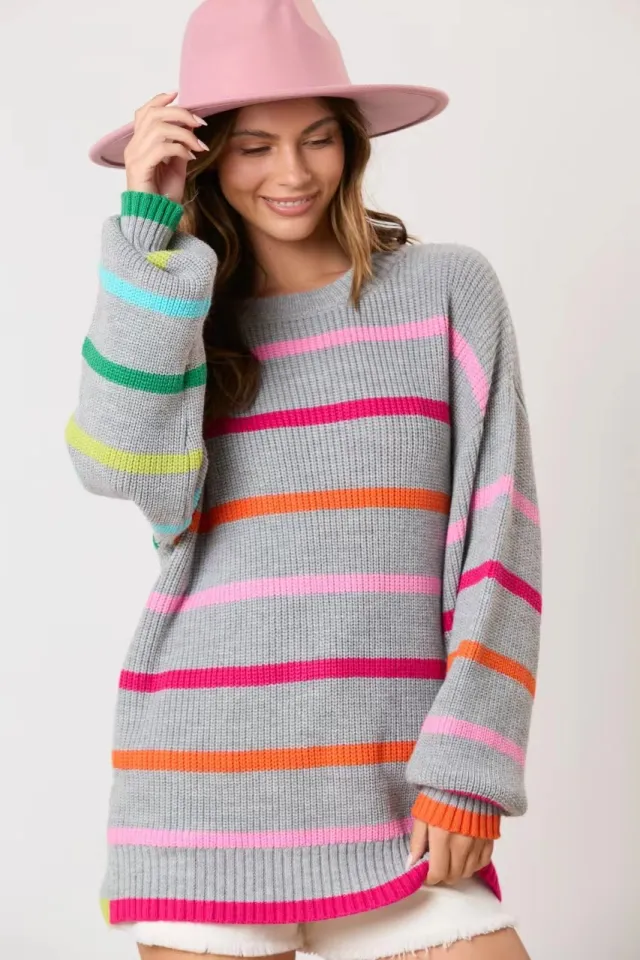 Contrast Color Striped Round Neck Top Long Sleeve Knitted Sweater Gray - Shop at LoveMi