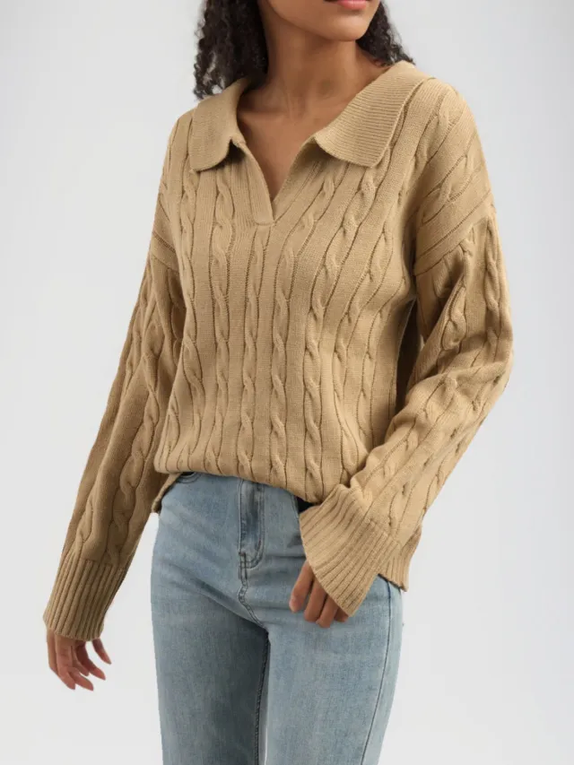 Autumn And Winter European And American Twisted Long Sleeve Lapel Twist V neck Knitted Pullover Camel - Shop at LoveMi