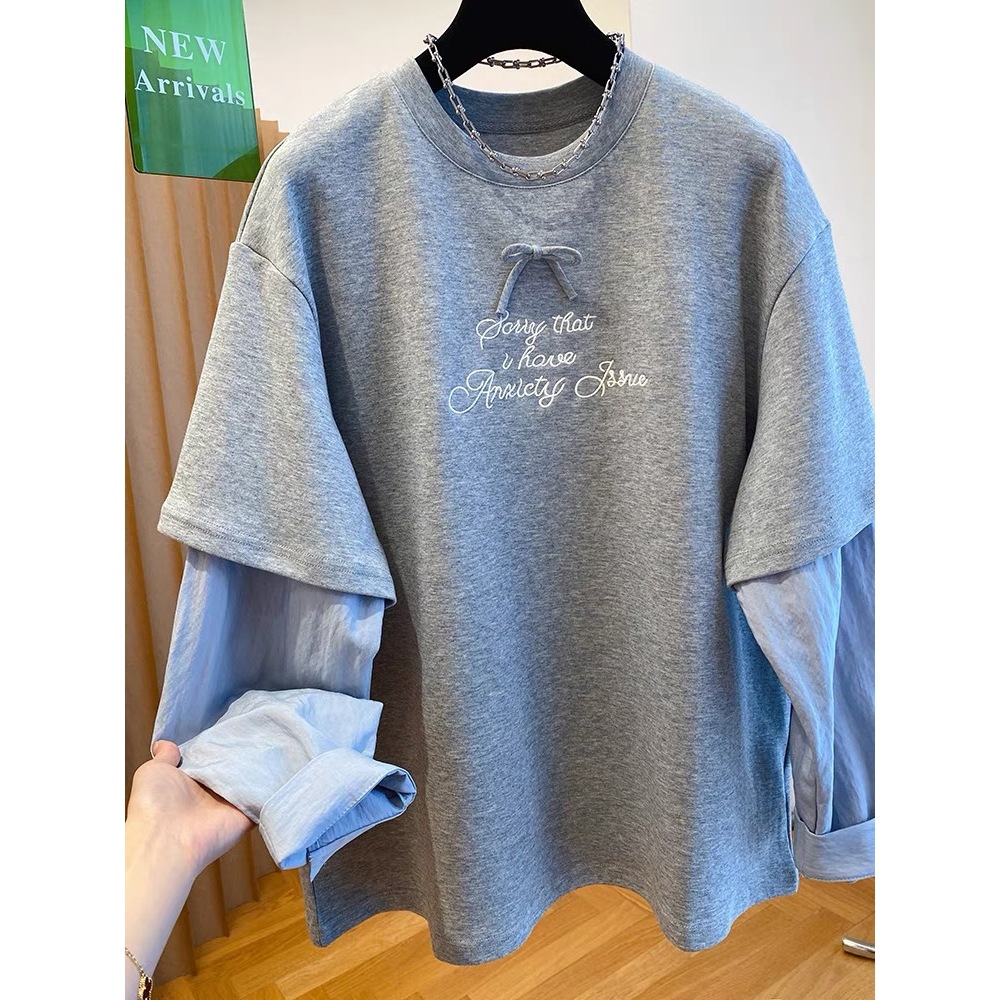 Korean-style Relaxed Faux Two-piece Long-sleeve Top