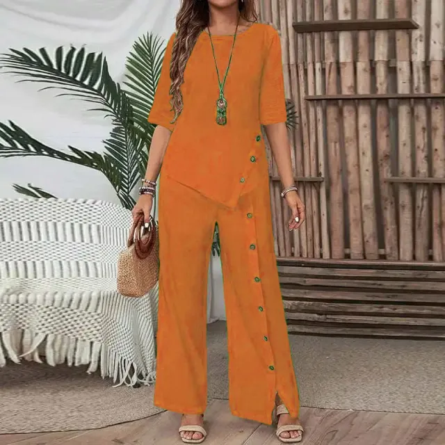 Elegant And Fashionable Casual Button Half sleeve Shirt Loose Two piece Set Orange - Shop at LoveMi