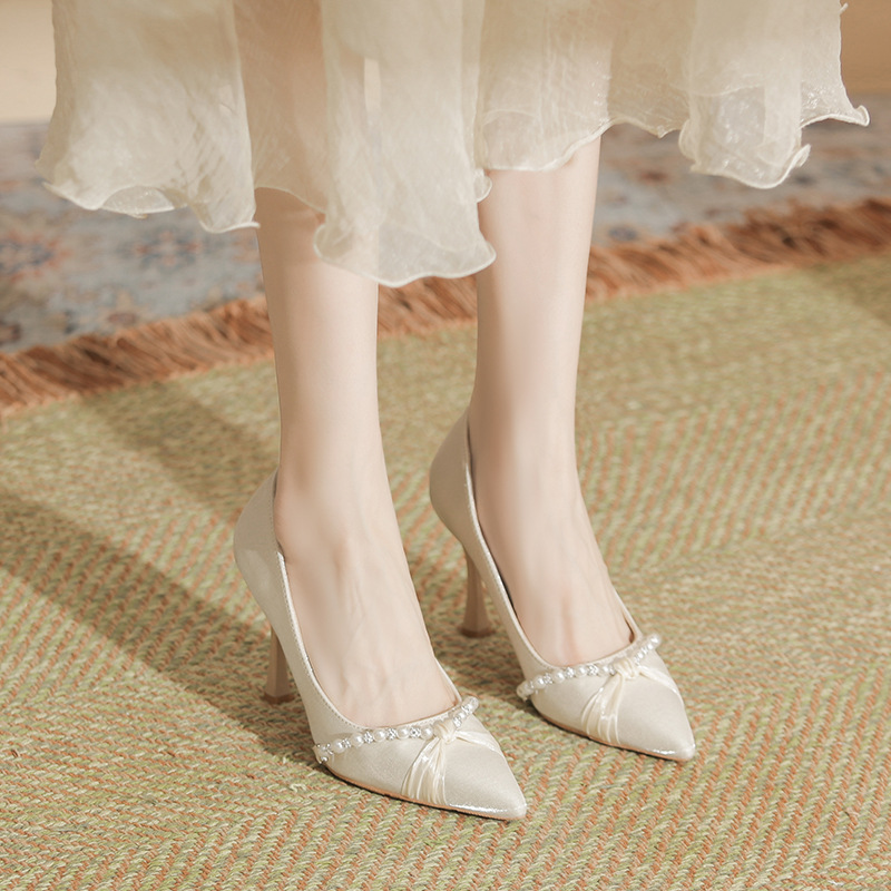 Pointed-toe Stiletto Heels Plus-size And Wide-fit Pearl-embellished Womens Shoes