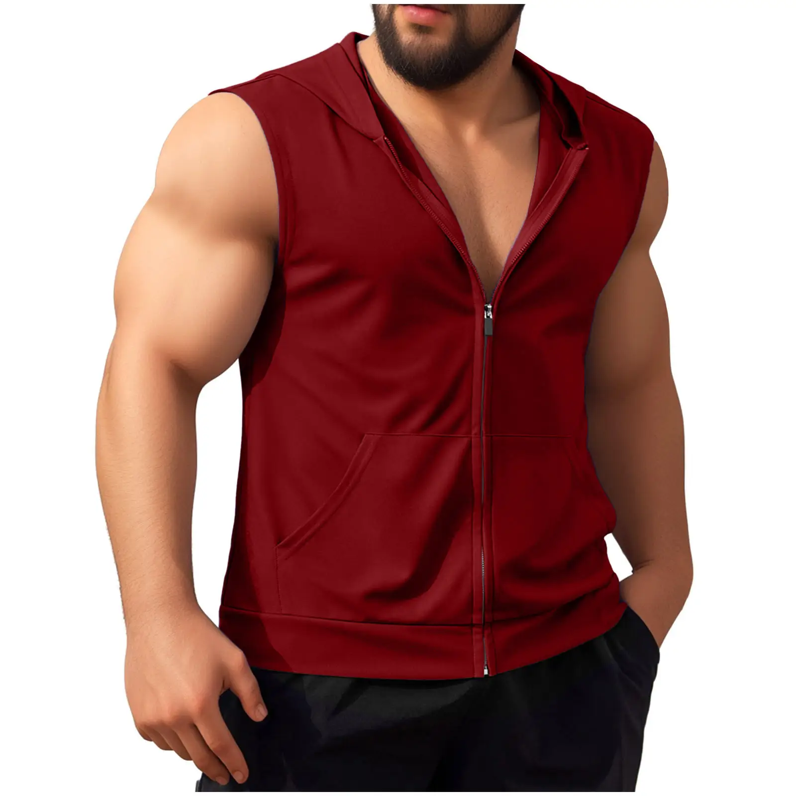 Mens Sleeveless Hooded Casual Sports Solid-Color Vest
