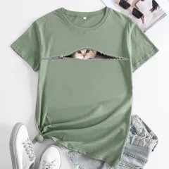 Cat Printing Cotton Round Neck Short Sleeve Women's T-shirt Tops - Bean Green - View 1