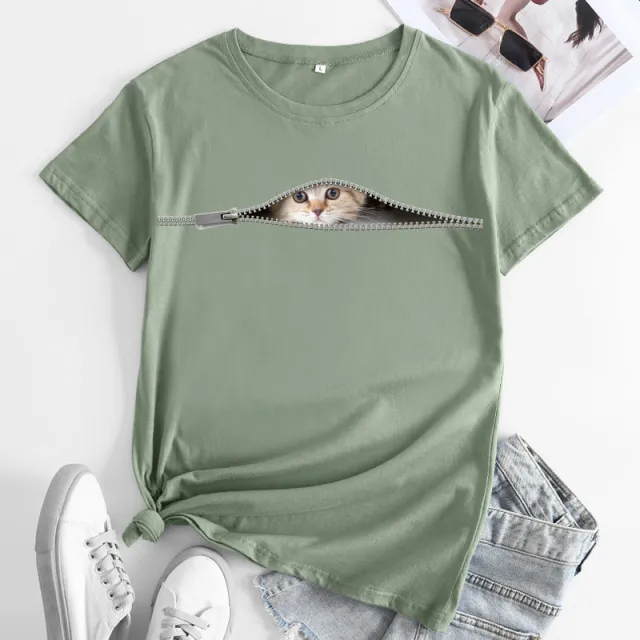 Cat Printing Cotton Round Neck Short Sleeve Women's T shirt Tops Bean Green - Shop at LoveMi