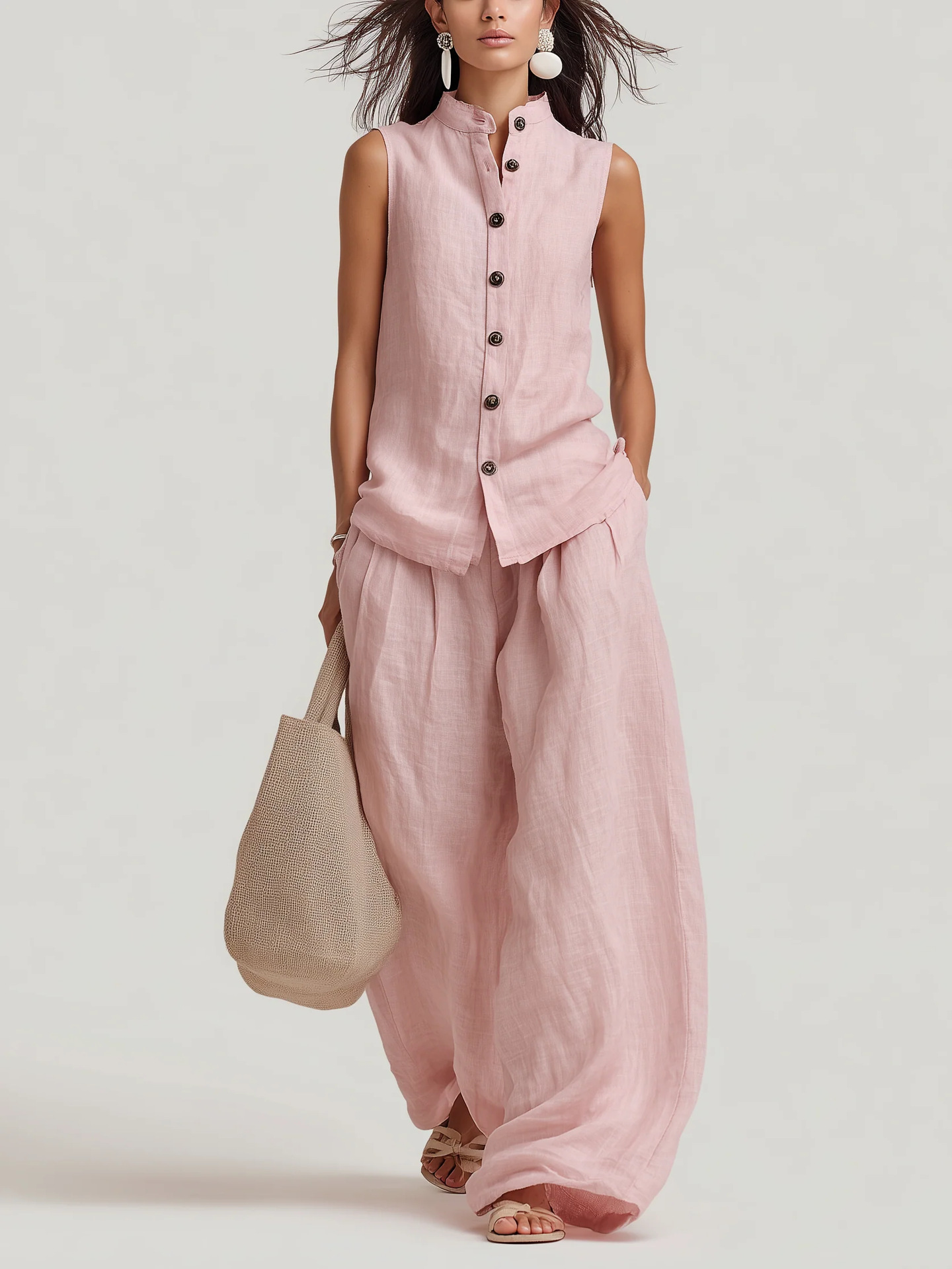 Women's cotton-linen sleeveless set in black, full outfit view showing coordinated minimalist look