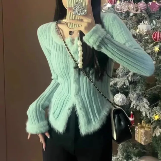 Women's Square Collar Stitching Edging Knitted Cardigan Autumn Winter Coat Green - Shop at LoveMi