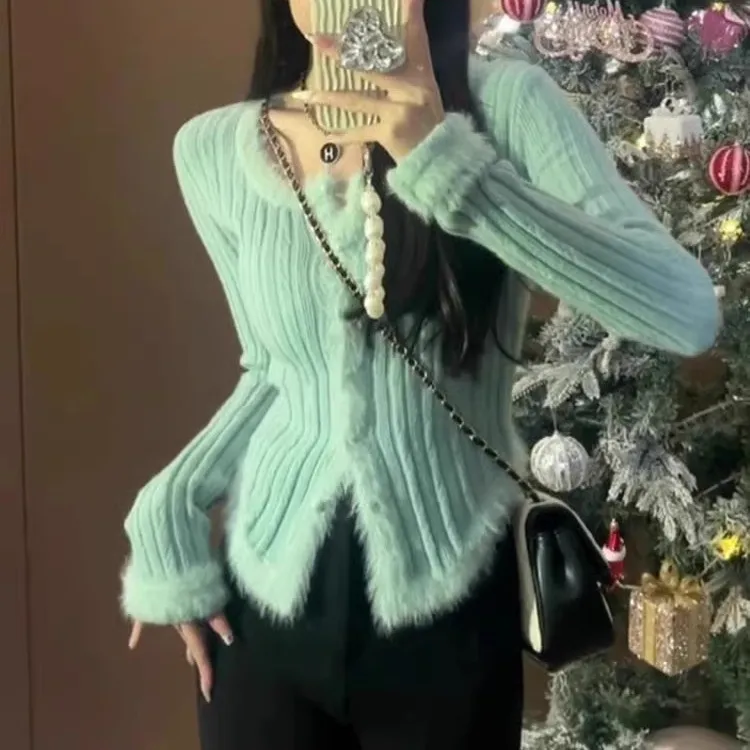 Women's Square Collar Stitching Edging Knitted Cardigan Autumn Winter Coat - Green