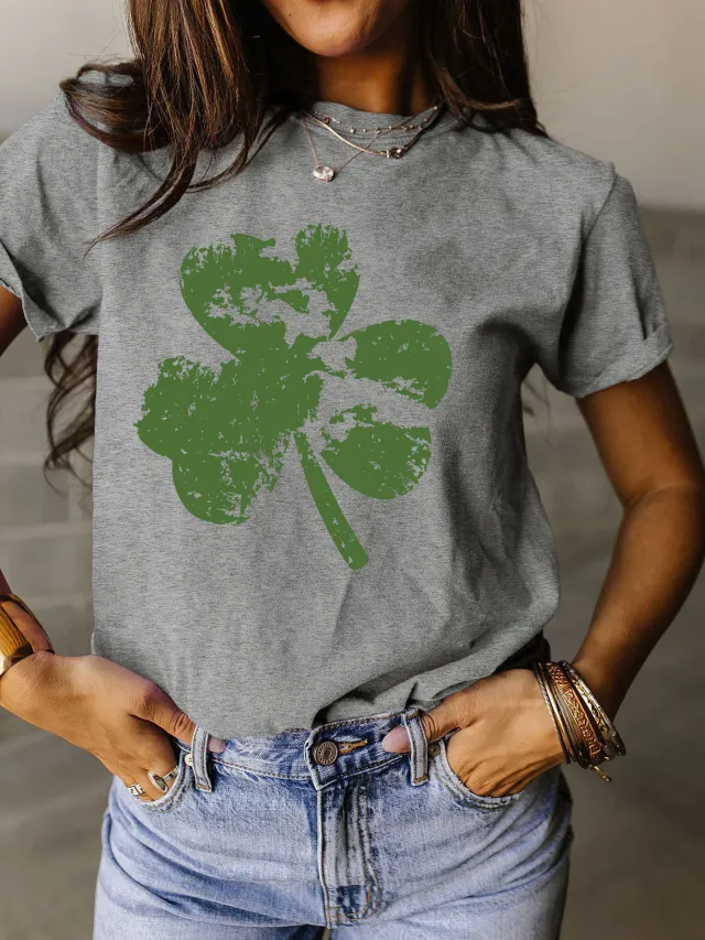 Fragment Clover Simple Short Sleeve Round Neck Women Dark Gray Color Picture - Shop at LoveMi