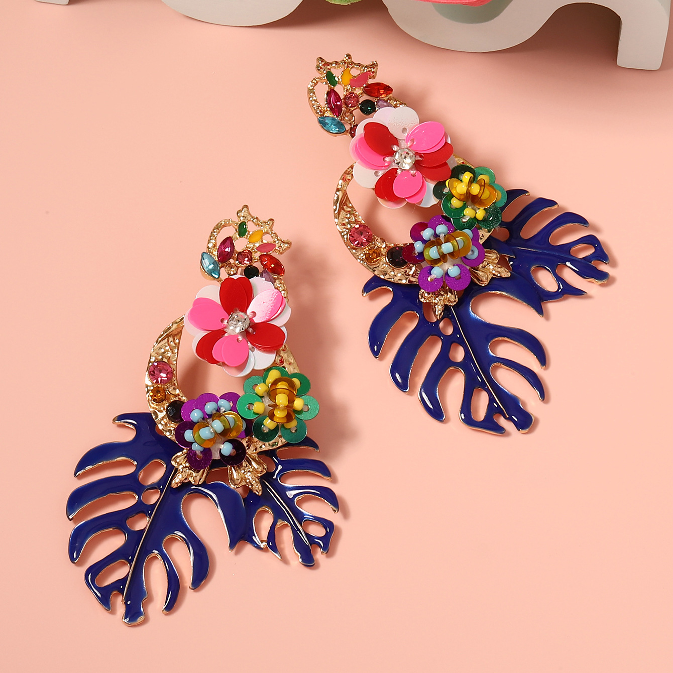 Fashionable Exaggerated Alloy Leaf Earrings With Colorful Rhinestones For Women