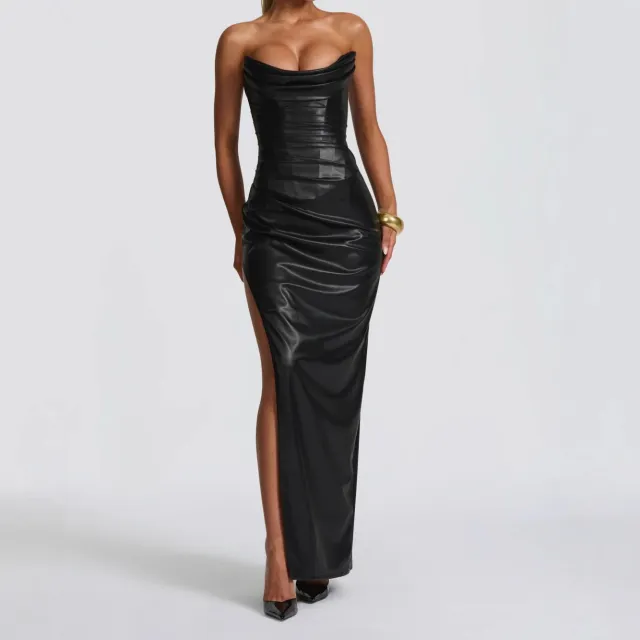 Women's Back tie Tube Top Dress With Side Slit Black - Shop at LoveMi
