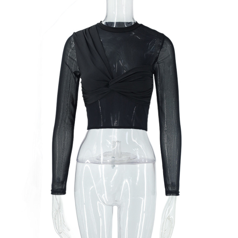 Mesh Long-sleeve Cropped Top With Patchwork Design - Image 6