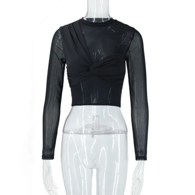 Mesh Long sleeve Cropped Top With Patchwork Design Black - Shop at LoveMi
