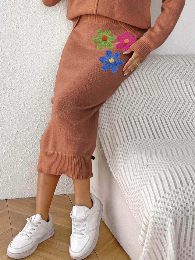 Women's Mid length Elegant Embroidered Three dimensional Flower Stitching Skirt Coffee - Shop at LoveMi