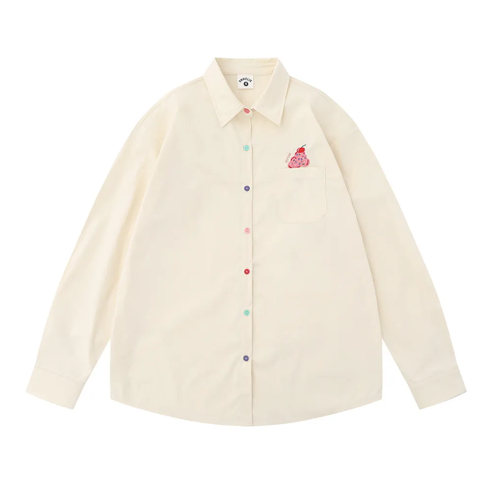 Embroidery Pocket Long Sleeve Shirt Casual Loose Jacket - Yellow