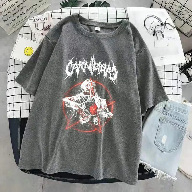 Skull Short Sleeve Hip Hop Cartoon T shirt Loose Grey - Shop at LoveMi
