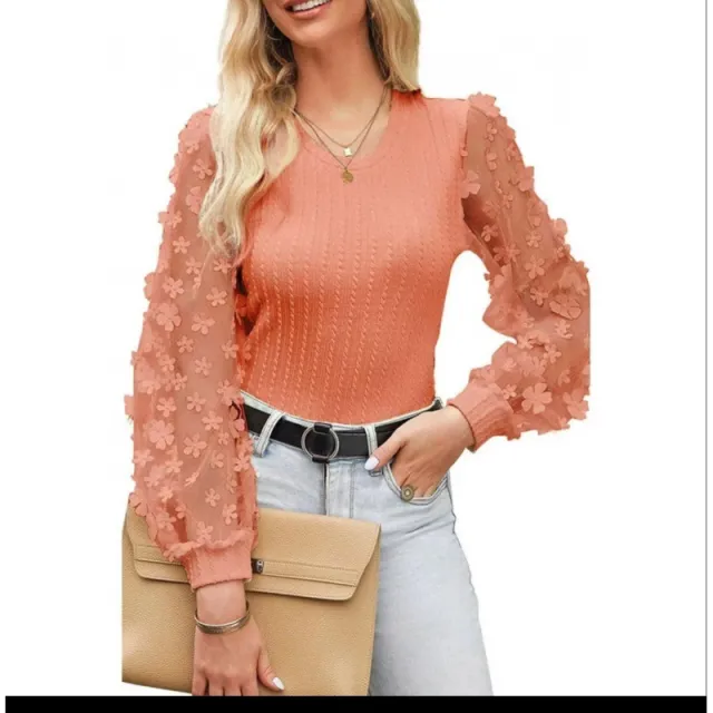 Women's Mesh Small Flower Chiffon Shirt Summer Round Neck Long Sleeve Top Orange - Shop at LoveMi